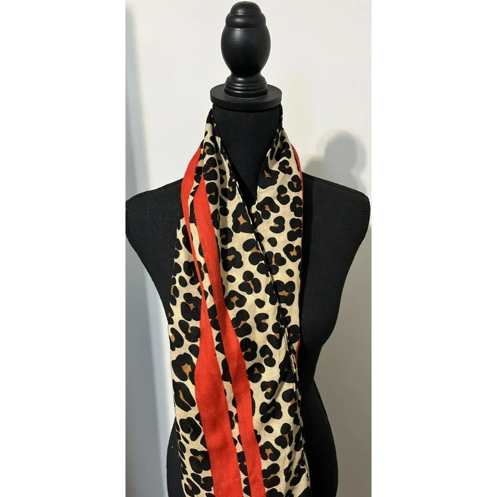 Women's Leopard Print Scard with Red Stripe Accents One Size - Picture 1 of 7